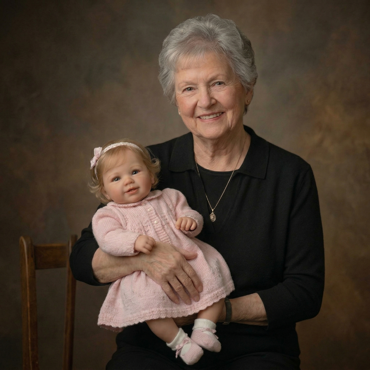 Woman holding baby doll